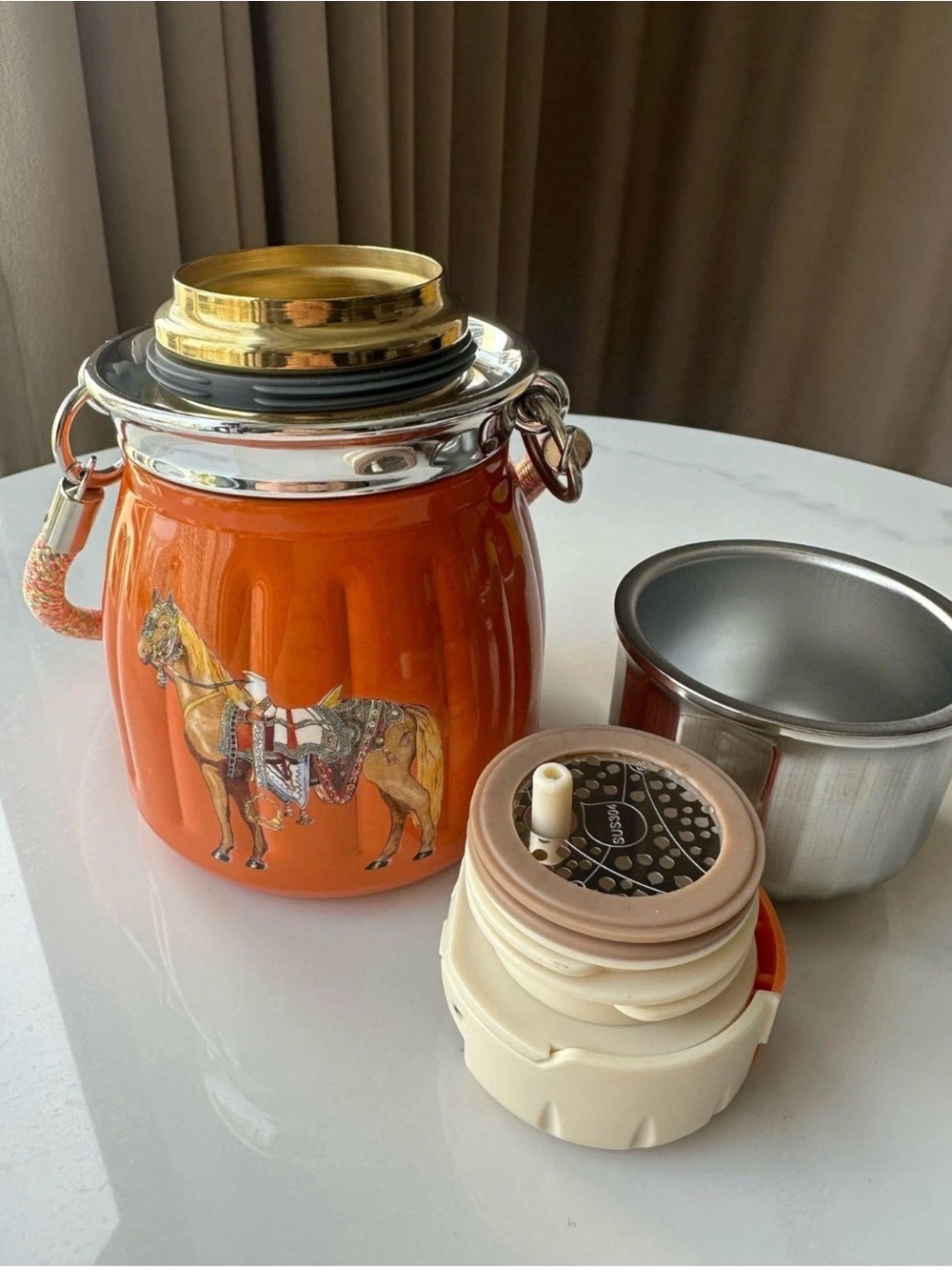 Hermes Orange Horse-Print Decorative flask with Metallic Lid - Picture 7 of 9